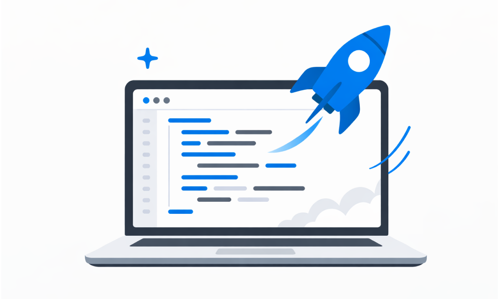 Laptop with code editor and rocket launch